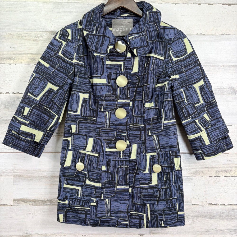 mac & jac Abstract Print Button Front Collar Jacket Women‎ XS Blue Beige